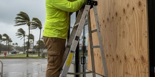 Worker boarding up windows to protect a commercial property before a hurricane.
